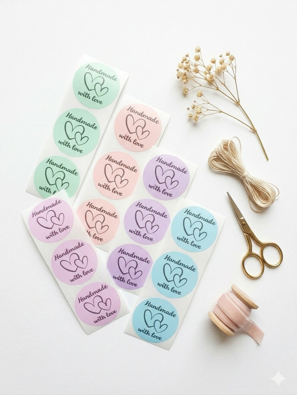 3/$15 HANDMADE WITH LOVE Large Round 2" Stickers • Mix of Colors • SET of 50